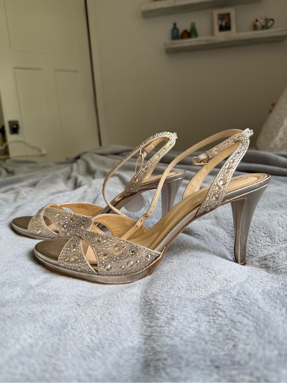 Jessica Simpson Crystal-Embellished Champagne Slingback Heels